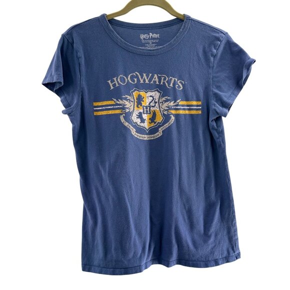 Harry Potter Hogwarts Crest Blue Graphic T-Shirt Size M 100% Cotton Tee Gold - Picture 1 of 8